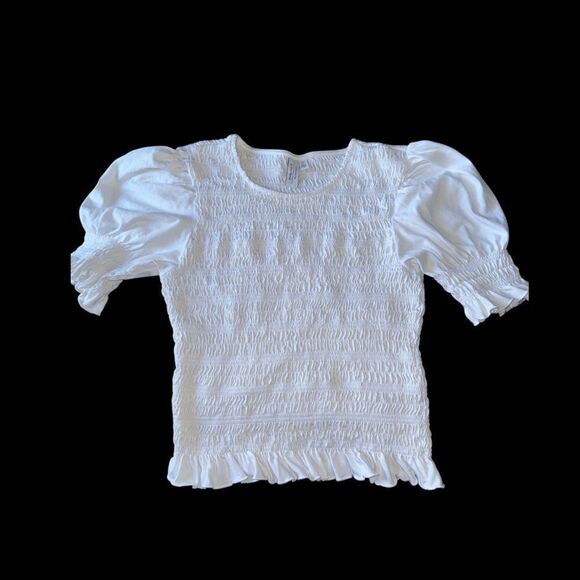 PARIS ATELIER & Other Stories White Smocked Puff Sleeve Ruffle Hem Cotton ~Small - Picture 7 of 7
